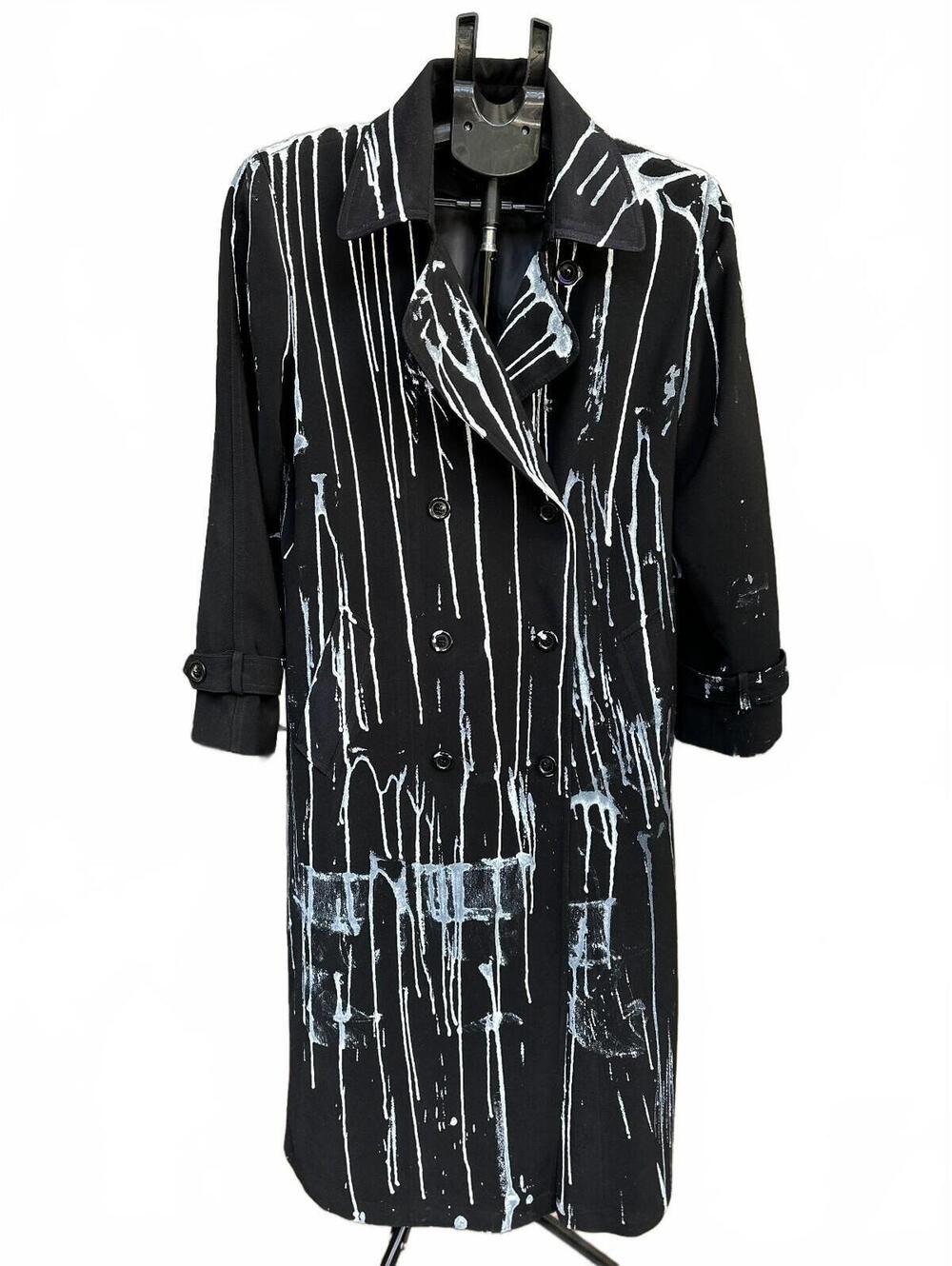 Vintage Black Trench Coat | Upcycled | Hand-Painted White Drip | OOAK | Size 4P